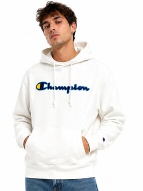 Champion Reverse Weave White Hoodie Embroidered Logo XL Blue Yellow Script